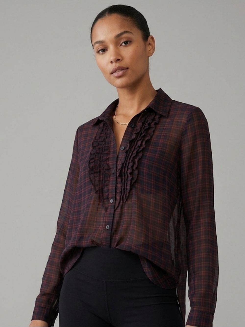 American Eagle Sheer Plaid Ruffle-Front Long-Sleeve Shirt - Burgundy/Black
